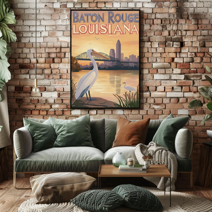 Baton Rouge Louisiana Pelican Vintage Poster