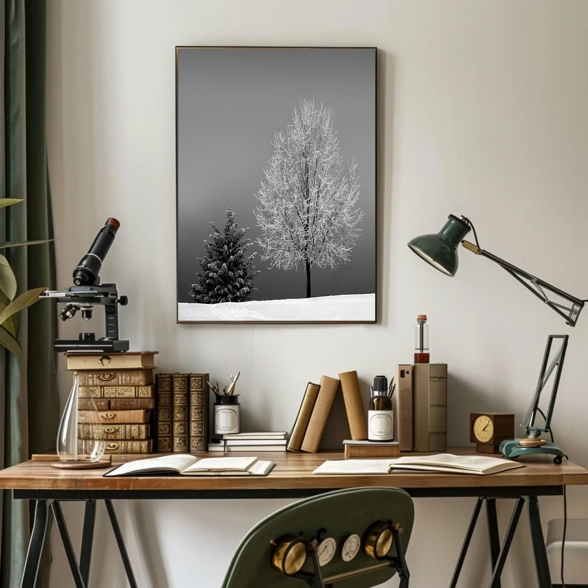 Serene Winter Landscape: Minimalist Black and White Artistic Poster