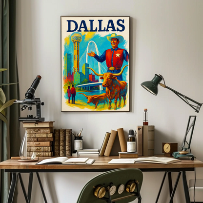 Dallas Texas Bridge Longhorn Cowboy Travel Poster