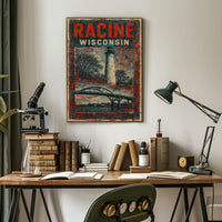 Racine Lighthouse Vintage Travel Mid Century Retro Coastal Scenic Autumn Harbor Light Poster