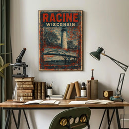 Racine Lighthouse Vintage Travel Mid Century Retro Coastal Scenic Autumn Harbor Light Poster
