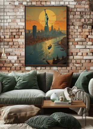 New York Sunset Vintage Travel Poster