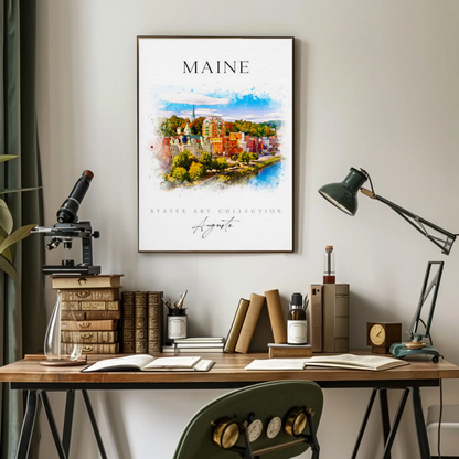 Maine Augusta Skyline Watercolor States Collection Poster