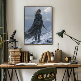 Epic Warrior in Snowy Mountains Fantasy or Mythology Poster PosterGoat