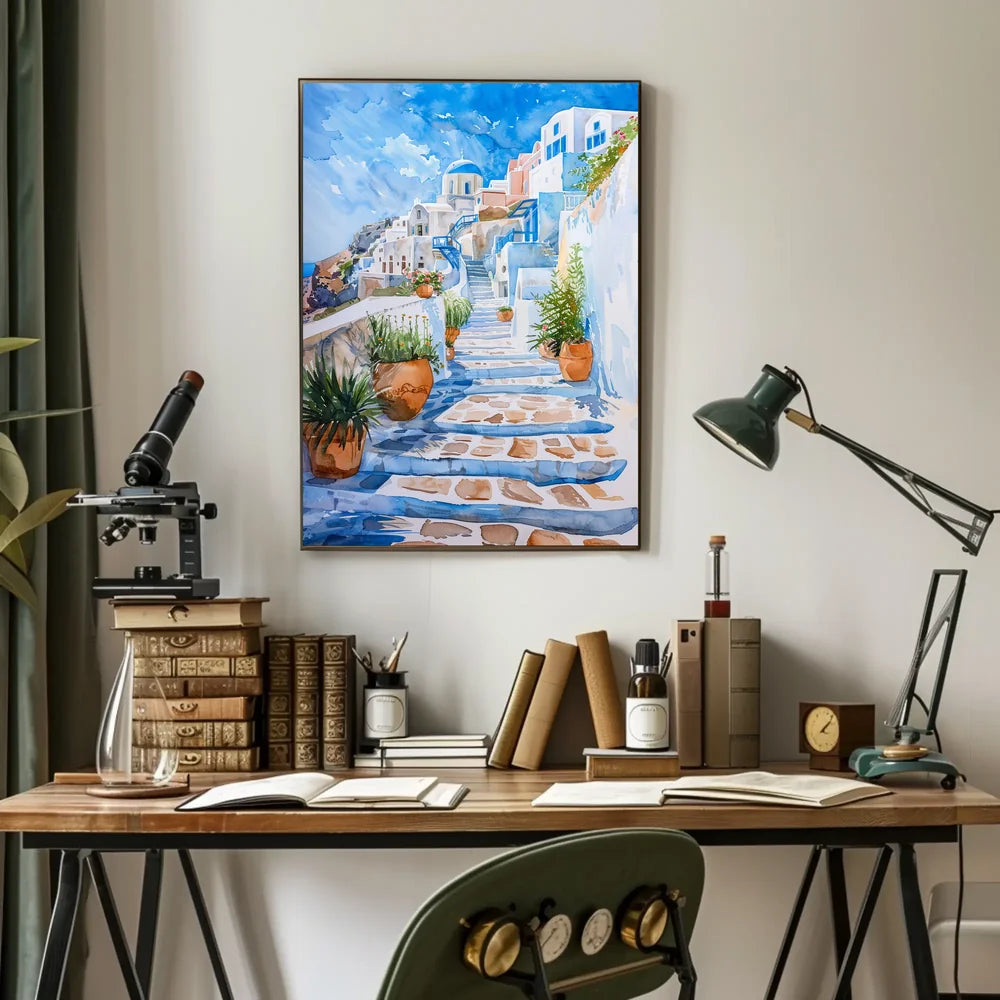 Santorini Serenity: Watercolor Greek Island Poster
