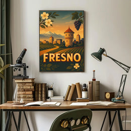 Fresno Vintage Travel Art Poster with Sunset Scenery