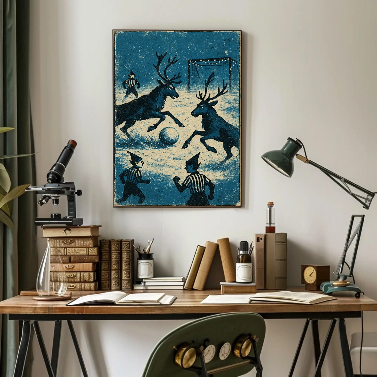 Whimsical Reindeer Soccer Vintage Holiday Poster Art