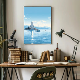 Serene Greek Coastal Church Travel Poster