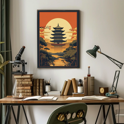 Japanese Temple Sunset Silhouette Travel Poster