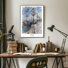 Watercolor Elegance: Pont Alexandre III Urban or Cityscape Poster PosterGoat