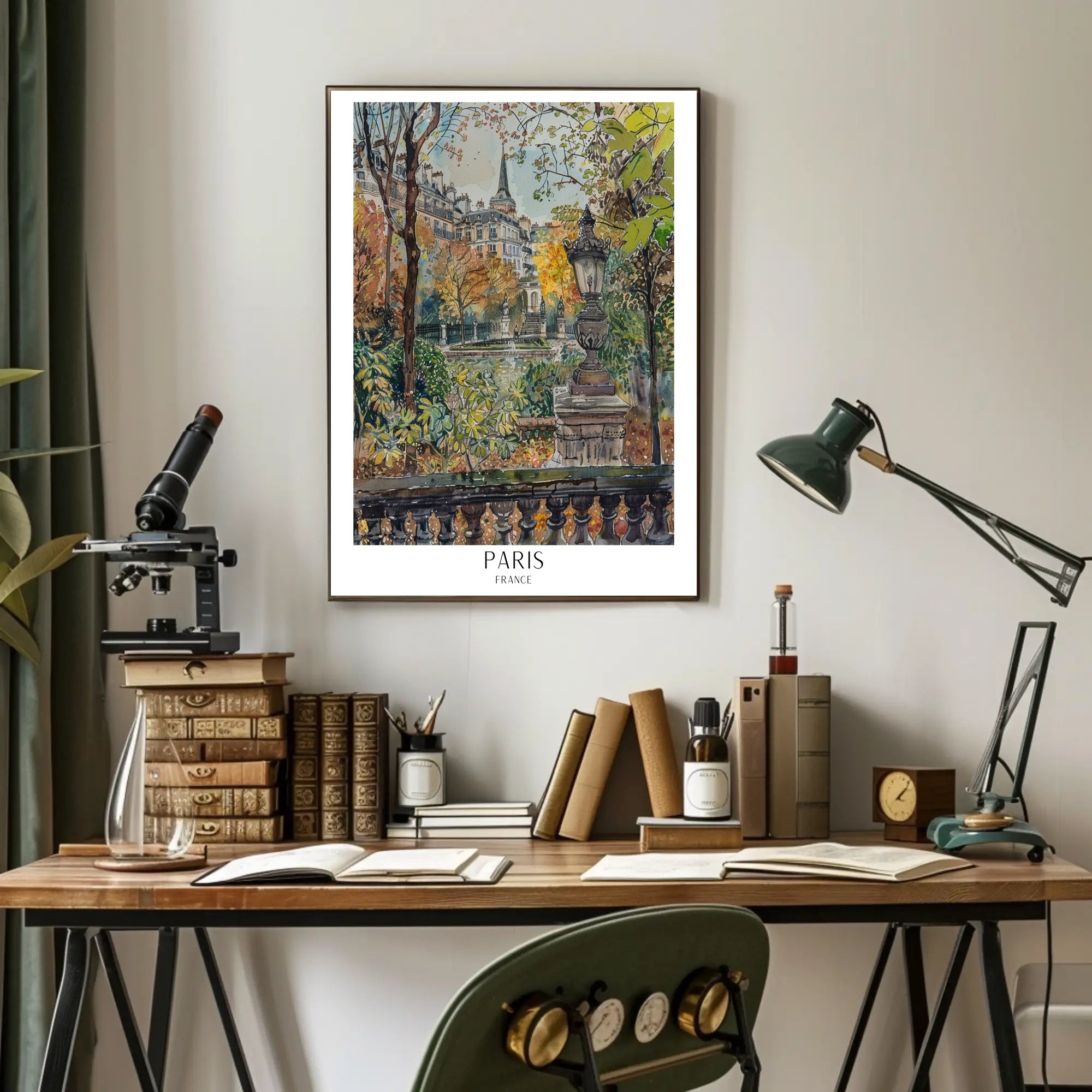 Parisian Autumn Elegance Watercolor in Urban or Cityscape Poster PosterGoat