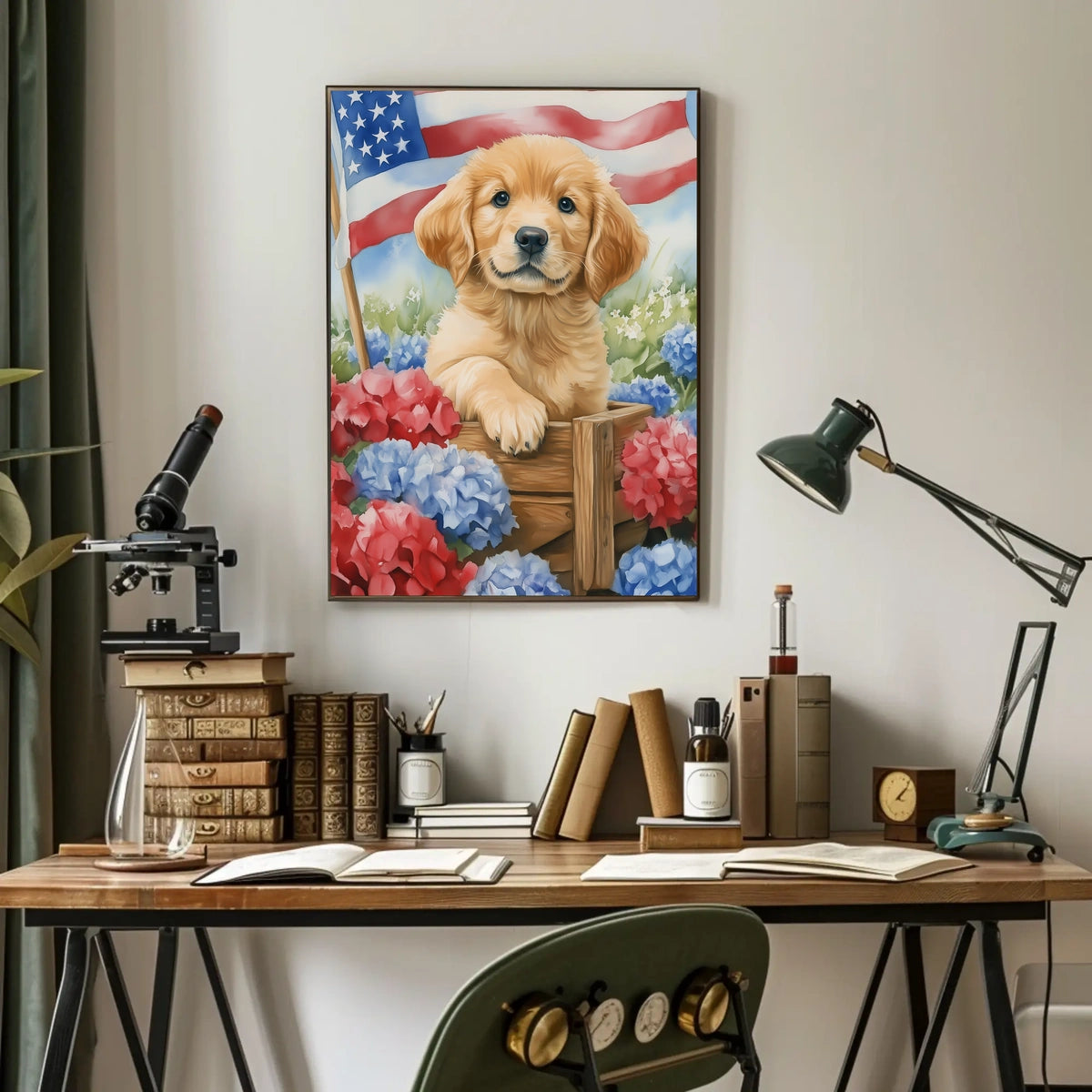 Golden Retriever Puppy In A Wagon With Flowers Poster