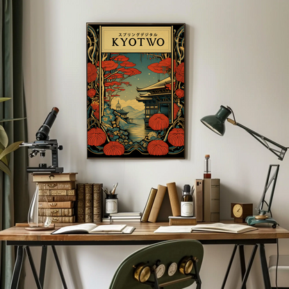 Kyoto Lanterns and Temple Nightscape Travel Poster