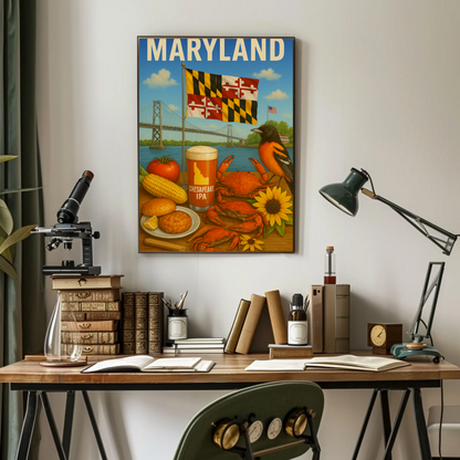Maryland Crab Bridge Beer Corn Bird Flag Travel Poster