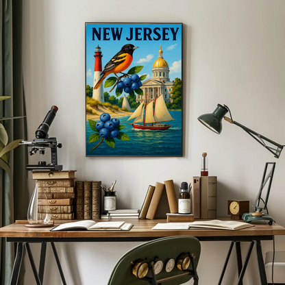 New Jersey State Symbols Blueberries Sailboat Bird Travel Poster Travel Poster