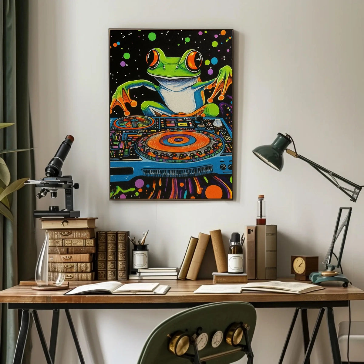 The poster is a vibrant and psychedelic illustration featuring a large, cartoonish frog Travel Poster