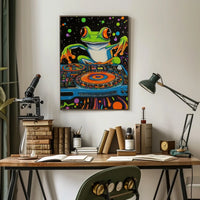 The poster is a vibrant and psychedelic illustration featuring a large, cartoonish frog Travel Poster