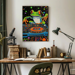 The poster is a vibrant and psychedelic illustration featuring a large, cartoonish frog Travel Poster