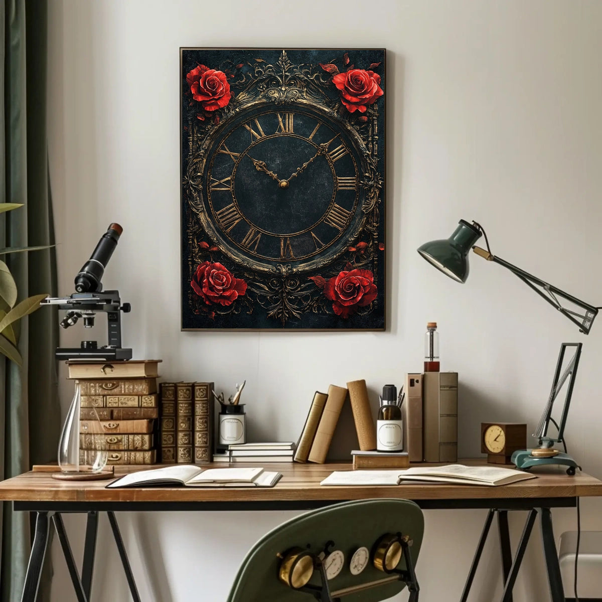 Vintage Roman Clock with Roses Artistic Poster