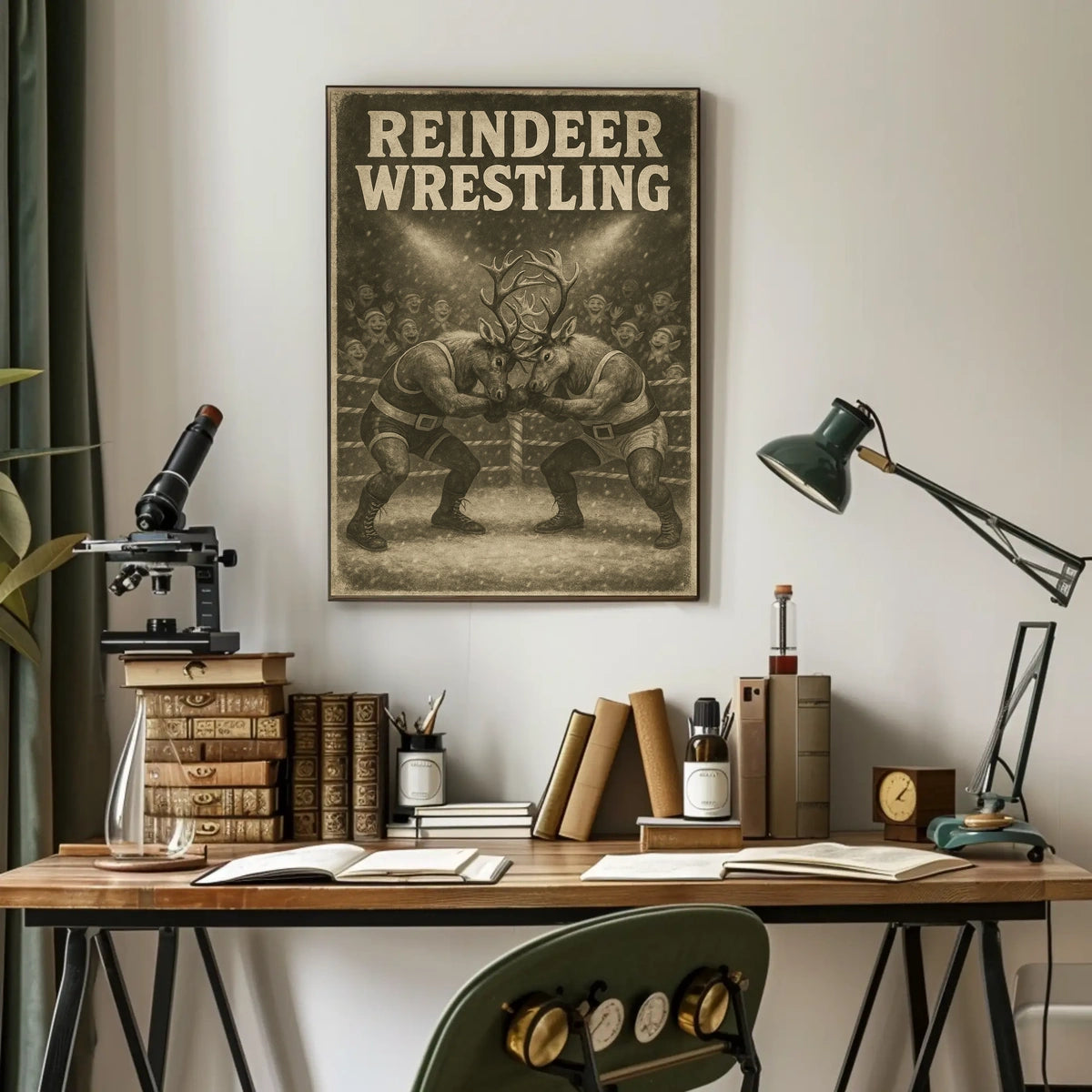 Reindeer Wrestling Holiday Whimsy Poster - Fantasy or Mythology Poster
