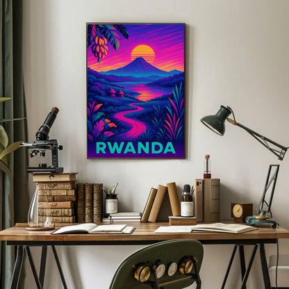 Rwanda Neon Night Valley Sunset Travel Poster