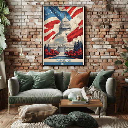 Washington D.C. Capitol Mountains Patriotic Vintage Travel Poster