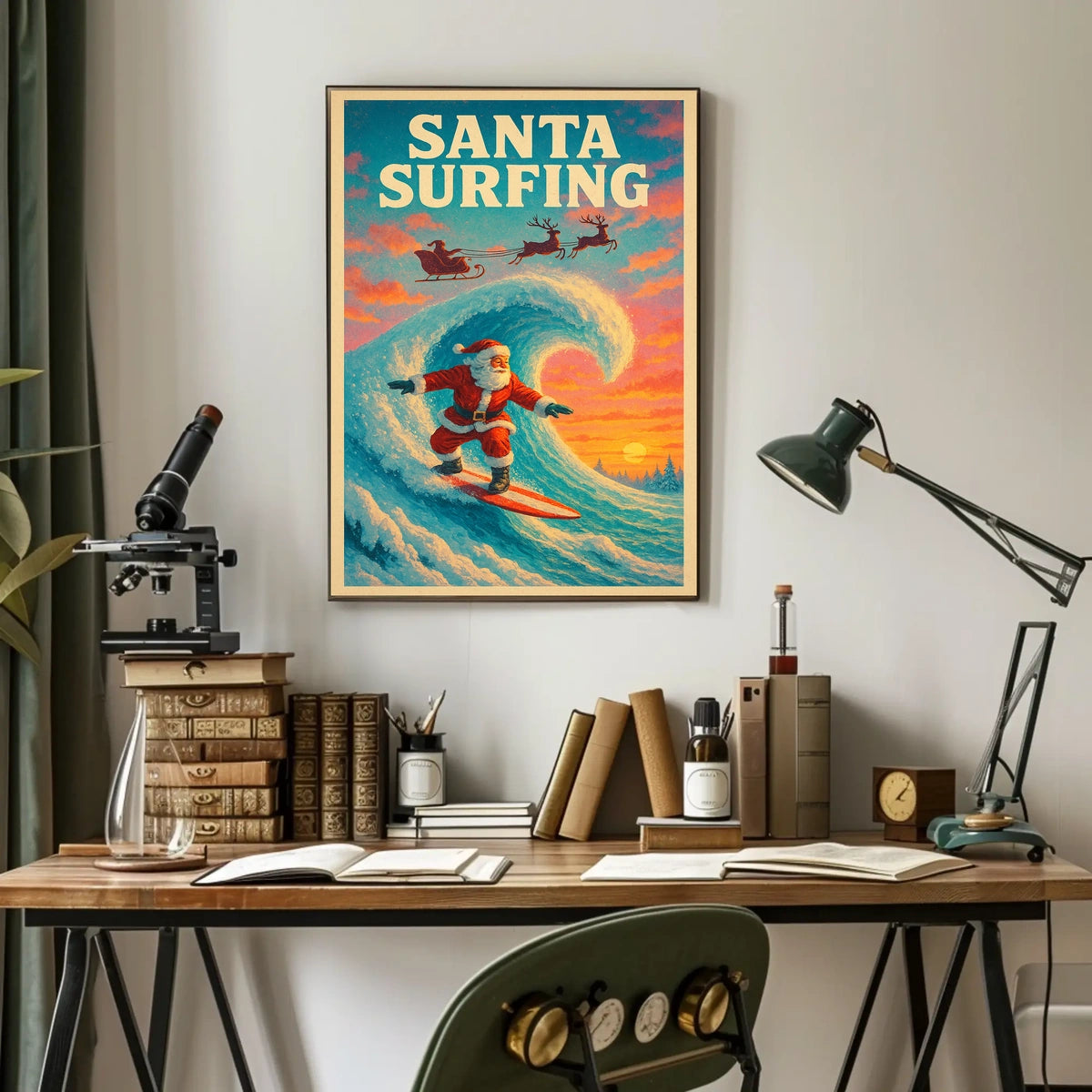Santa Surfing Christmas Wave Vintage Poster Art