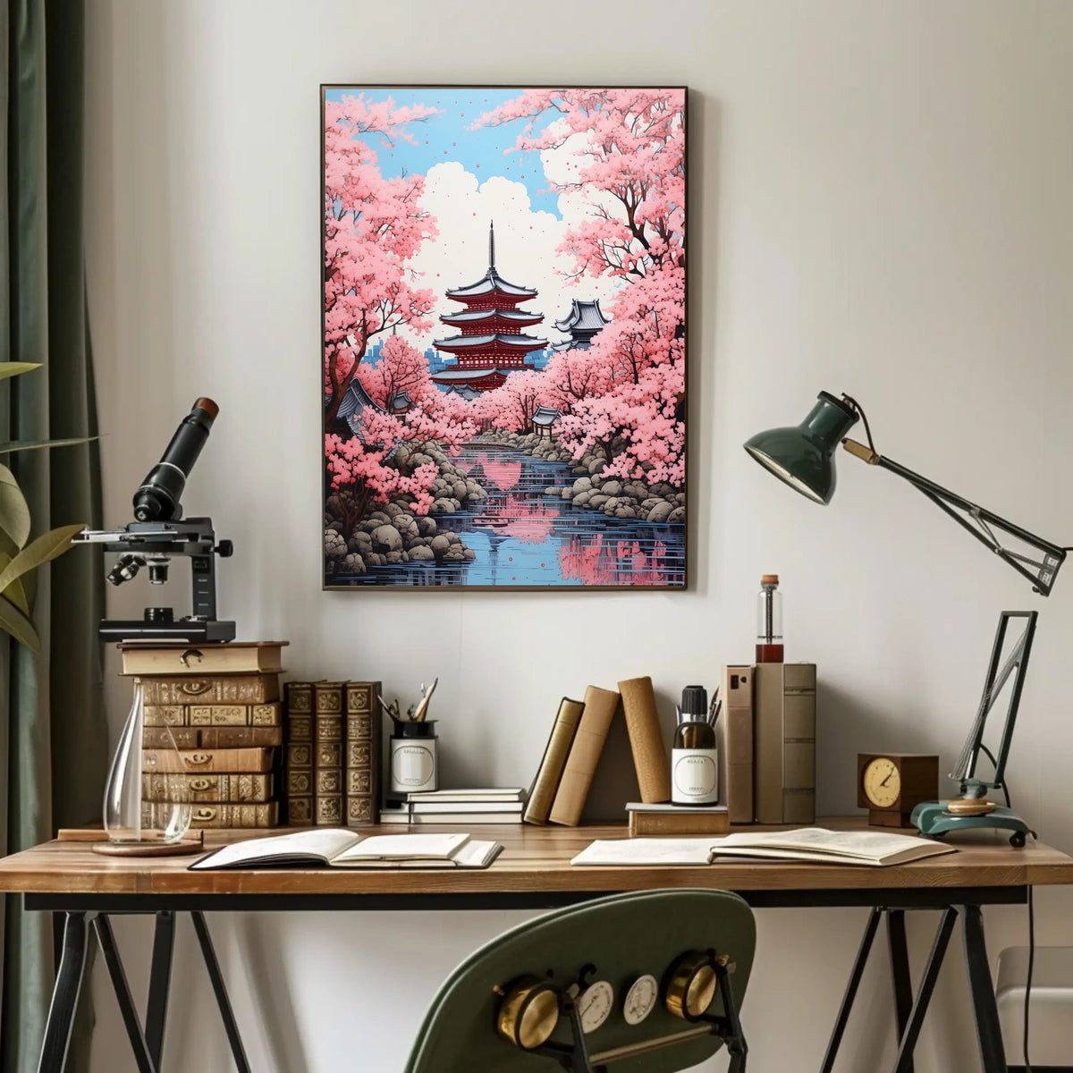 Japanese Pagoda with Cherry Blossoms Cultural Poster