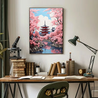 Japanese Pagoda with Cherry Blossoms Cultural Poster