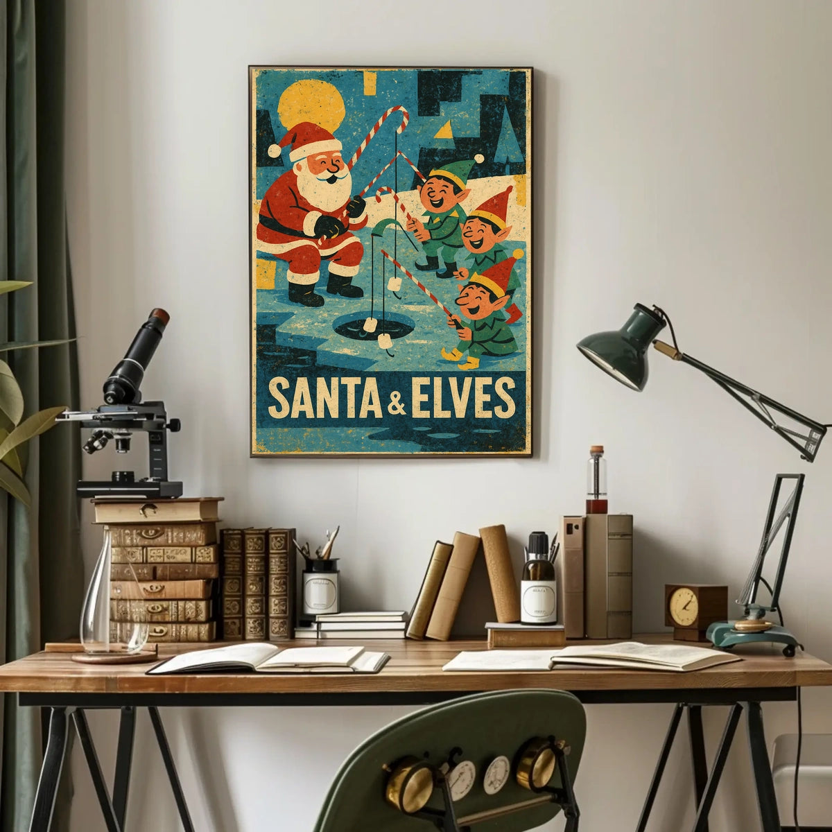 Santa's Whimsical Ice Fishing Vintage Christmas Poster