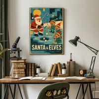 Santa's Whimsical Ice Fishing Vintage Christmas Poster