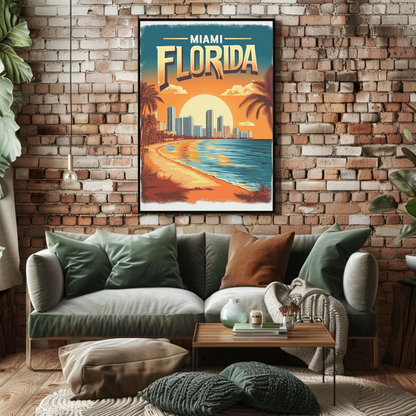 Miami Florida - Beach Sunset Vintage Travel Poster