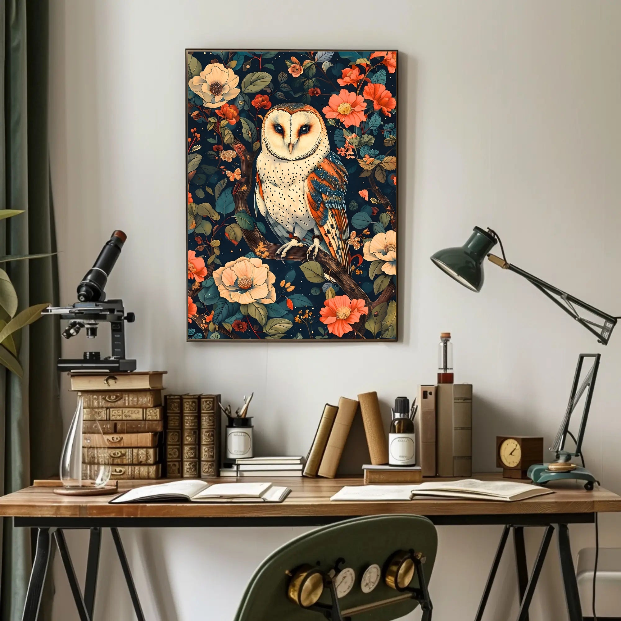 Barn Owl Amid Enchanted Flora: Artistic Animal Poster