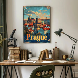 Prague Skyline Art Deco Travel Poster
