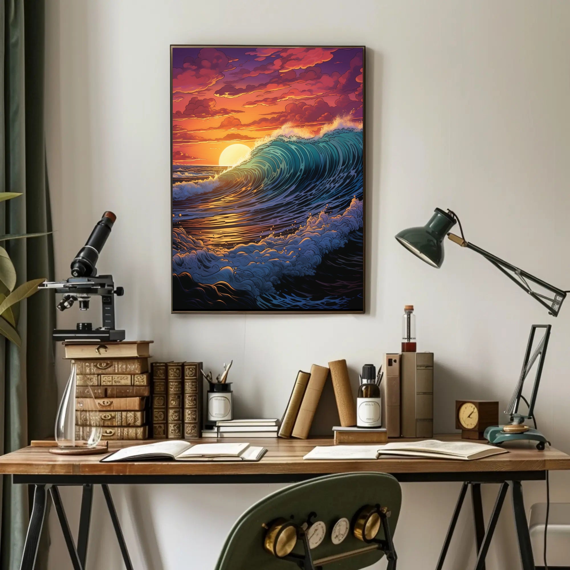 Dramatic Ocean Wave Sunset Scene Artistic Poster