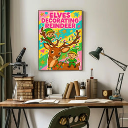 Elves Decorating Reindeer Poster