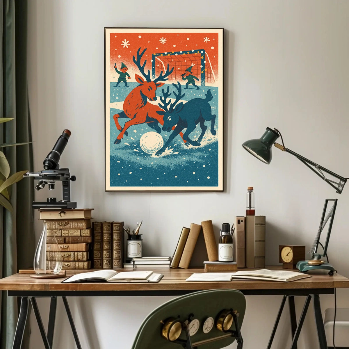 Whimsical Reindeer Winter Sports Vintage Poster Art