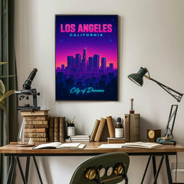 Neon Los Angeles Skyline Retro-Futuristic Urban or Cityscape Poster