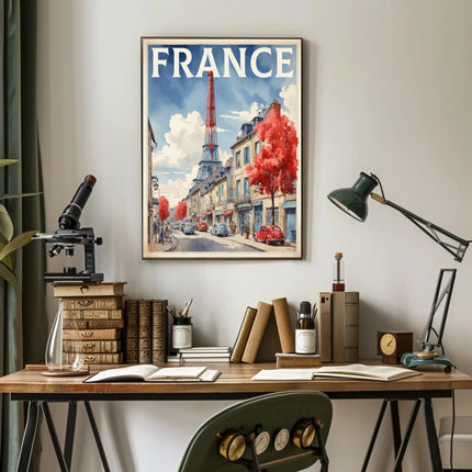 Picturesque Paris Street Scene with Eiffel Tower Travel Poster