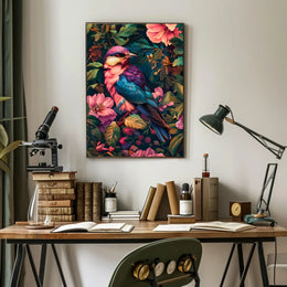 Vibrant Blue Pink Bird Perched Among Tropical Flora Poster