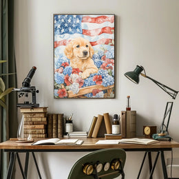 Golden Retriever Puppy In Wagon With American Flags Poster