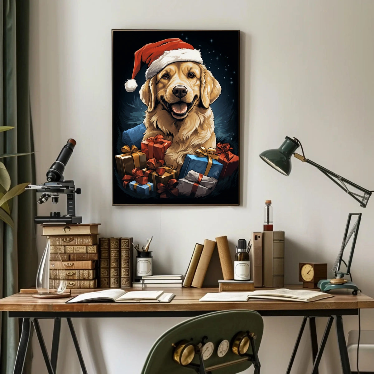 Golden Retriever Christmas Poster with Santa Hat
