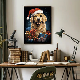 Golden Retriever Christmas Poster with Santa Hat