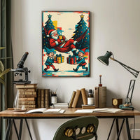 Festive Santa and Elves Vintage Christmas Poster