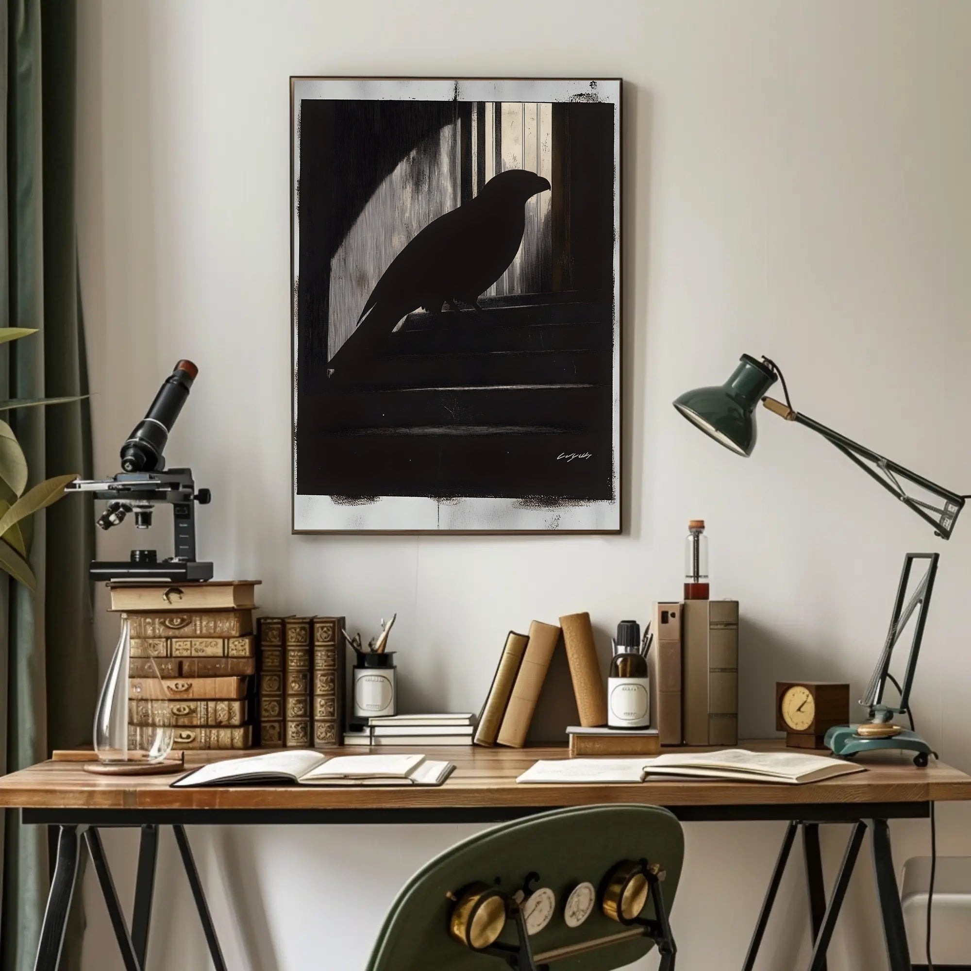 Silhouette Bird Against Barred Window: Artistic Poster PosterGoat