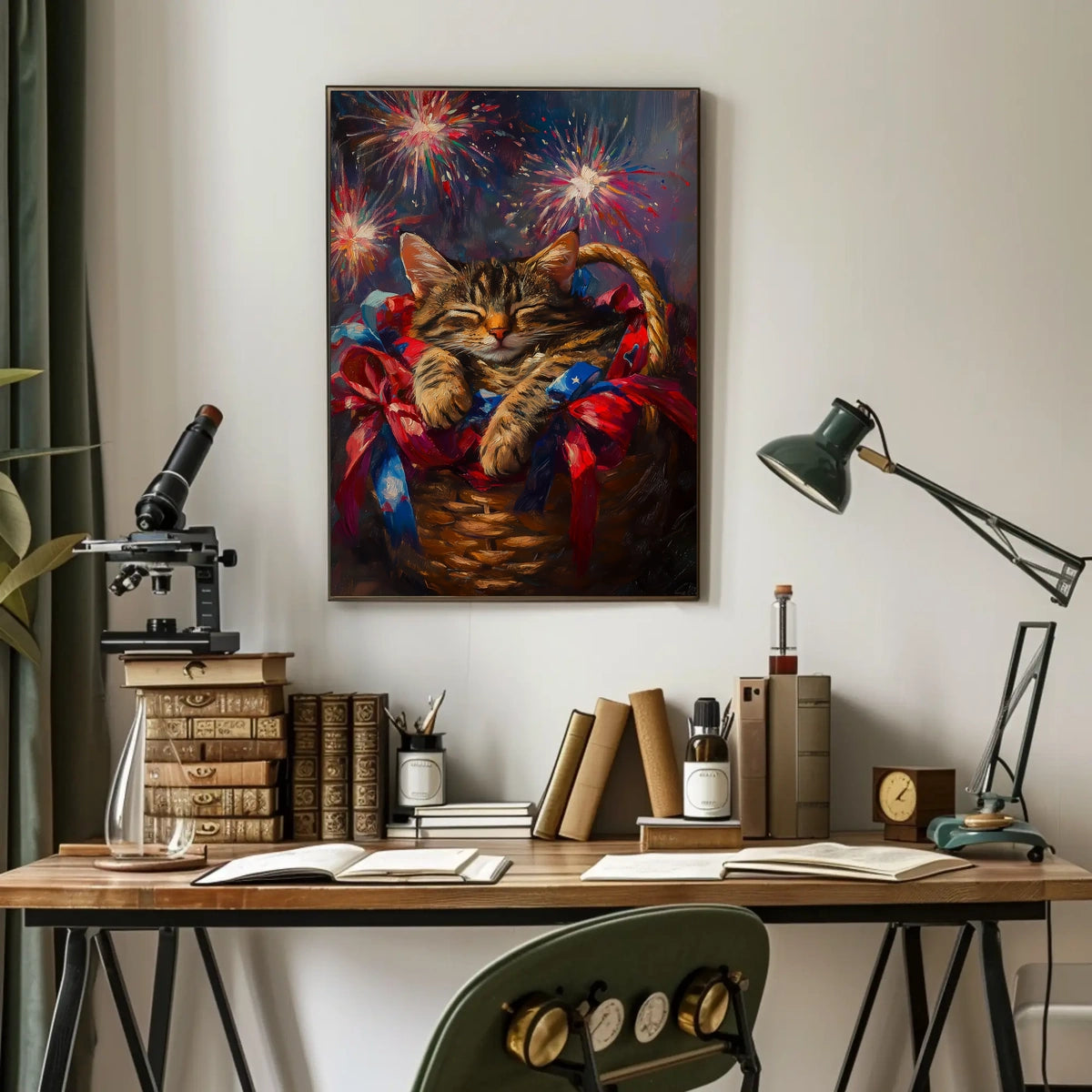 Brown Tabby Cat Curling Up Inside A Woven Basket Poster