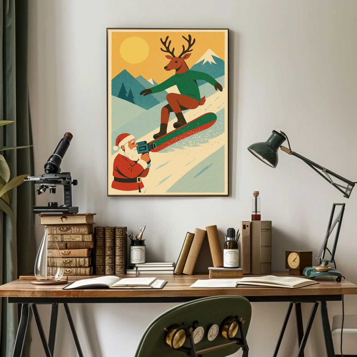 Reindeer Snowboarding Vintage Winter Adventure Poster