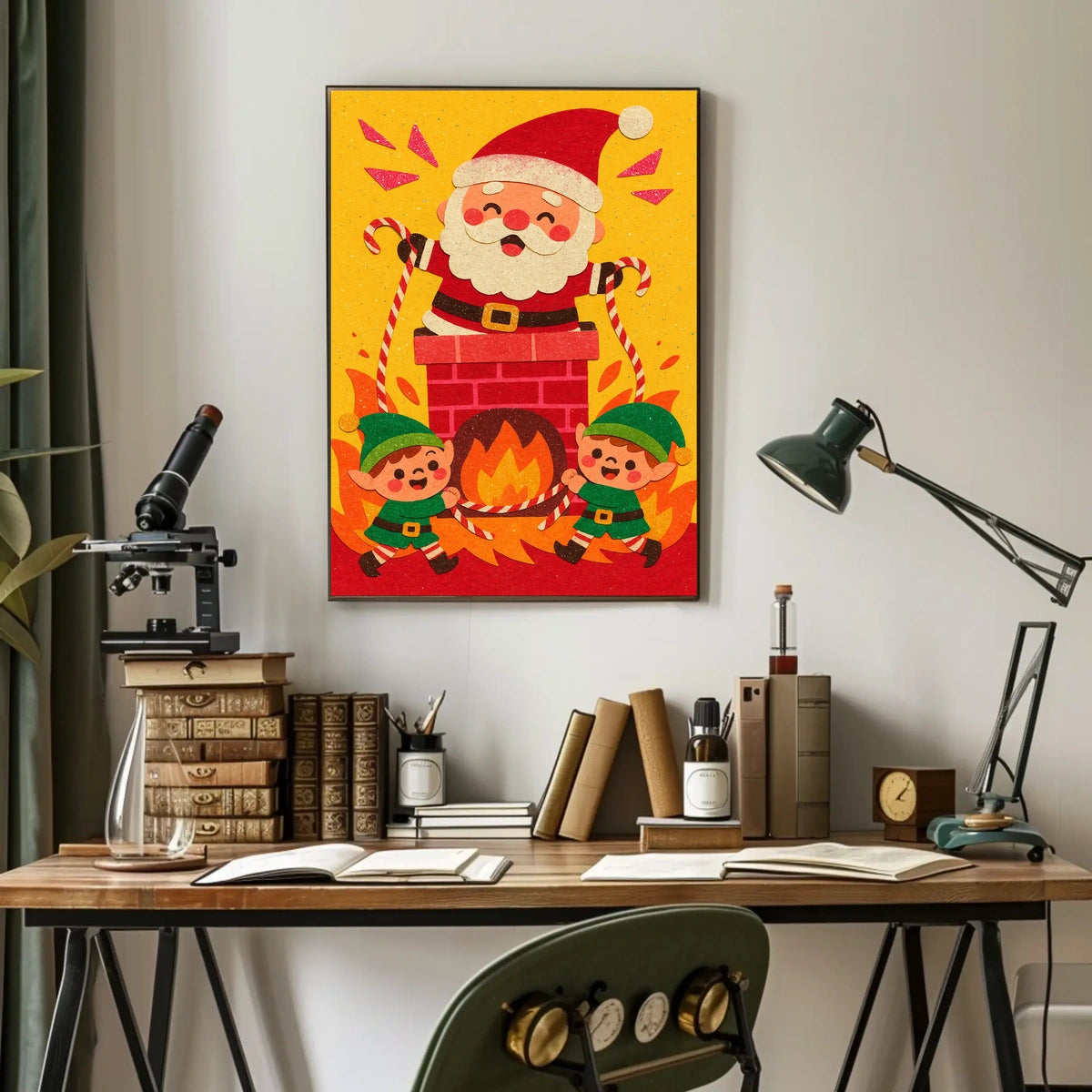 This whimsical poster depicts a festive Christmas scene with Santa Claus and two Travel Poster