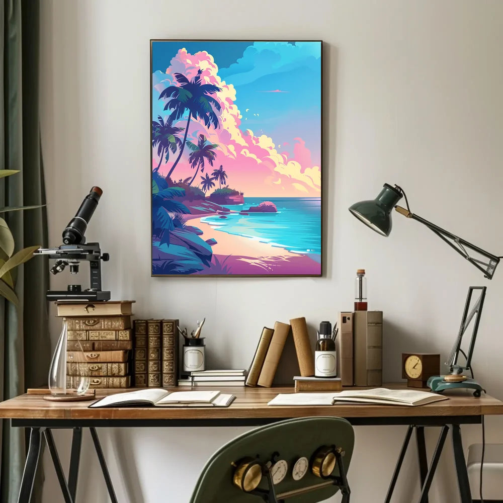 Tropical Sunset Beach Scene Art Poster