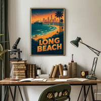 Long Beach Sunset Retro Travel Poster